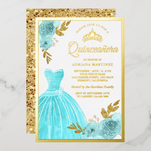 Sparkling Gown Aqua Blue Floral Quinceanera Gold Folieneinladung