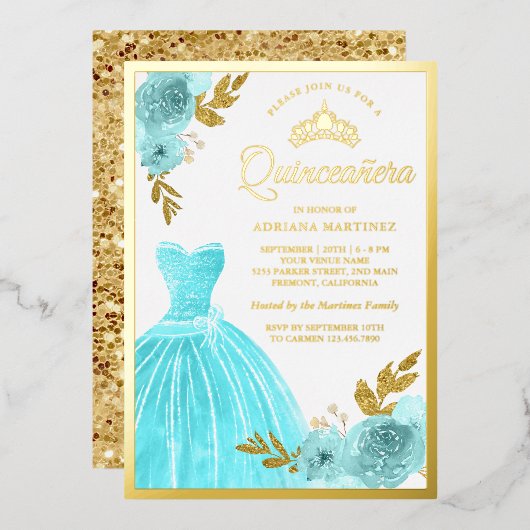 Sparkling Gown Aqua Blue Floral Quinceanera Gold Folieneinladung (Vorderseite/Rückseite)