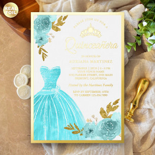 Sparkling Gown Aqua Blue Floral Quinceanera Gold Folieneinladung