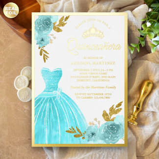 Sparkling Gown Aqua Blue Floral Quinceanera Gold Folieneinladung
