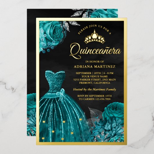 Sparkling Gown Aquamarine Rose Black Quinceanera G Folieneinladung (Vorderseite/Rückseite)