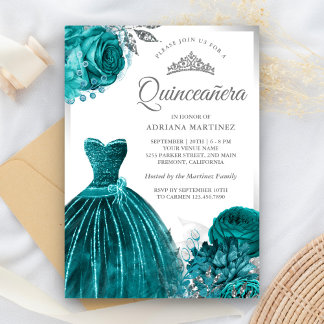 Sparkling Gown Aquamarine Rose Silver Quinceanera Einladung