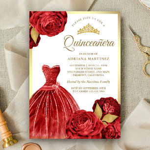 Sparkling Gown Rote Rosen Gold Quinceanera Einladung