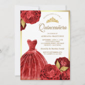 Sparkling Gown Rote Rosen Gold Quinceanera Einladung (Vorderseite)