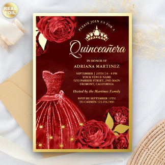 Sparkling Gown Rote Rosen Maroon Quinceanera Gold Folieneinladung