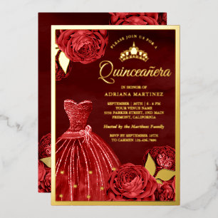 Sparkling Gown Rote Rosen Maroon Quinceanera Gold Folieneinladung