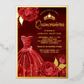 Sparkling Gown Rote Rosen Maroon Quinceanera Gold Folieneinladung (Vorderseite)