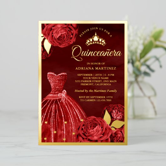 Sparkling Gown Rote Rosen Maroon Quinceanera Gold Folieneinladung (Stehend vorne)