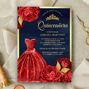 Sparkling Gown Rote Rosen Navy Gold Quinceanera Einladung
