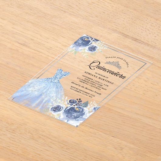 Sparkling Gown Soft Blue Rose Silver Quinceanera Acryleinladungen (Ablage )