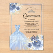 Sparkling Gown Soft Blue Rose Silver Quinceanera Acryleinladungen (Vorderseite)