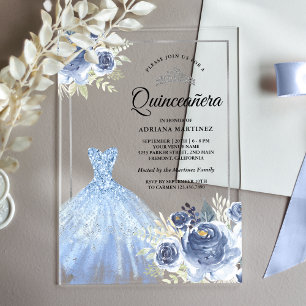 Sparkling Gown Soft Blue Rose Silver Quinceanera Acryleinladungen