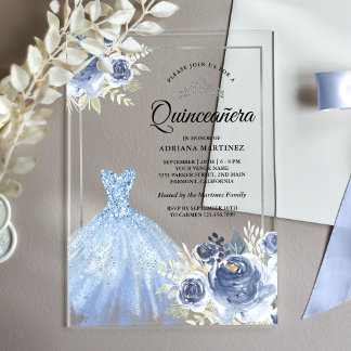 Sparkling Gown Soft Blue Rose Silver Quinceanera Acryleinladungen