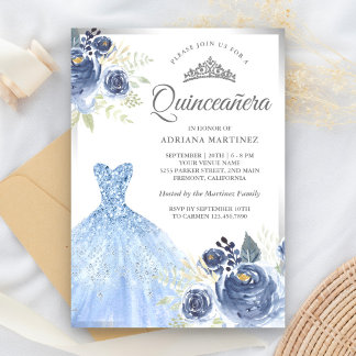 Sparkling Gown Soft Blue Rose Silver Quinceanera Einladung