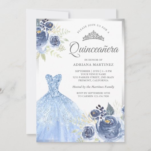 Sparkling Gown Soft Blue Rose Silver Quinceanera Einladung (Vorderseite)
