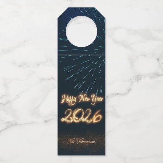 Sparkling Happy New Year Fireworks 2026 Flaschenanhänger (Vorderseite)