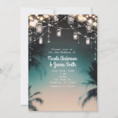 Sparkling Lights Palm Trees Elegant Beach Weißding Einladung (Vorderseite)