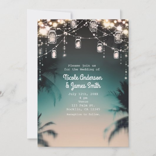 Sparkling Lights Palm Trees Elegant Beach Weißding Einladung (Vorderseite)