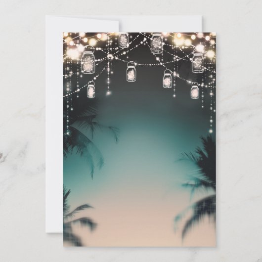 Sparkling Lights Palm Trees Elegant Beach Weißding Einladung (Rückseite)