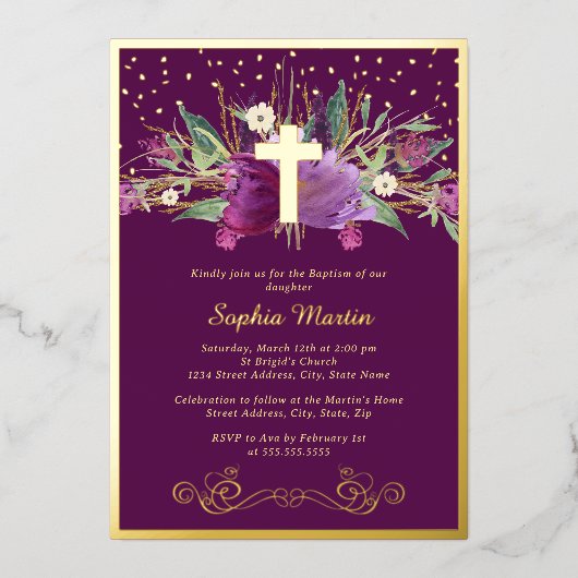 Sparkling Lila Amethyst Floral Cross Baptisse Folieneinladung (Vorderseite)