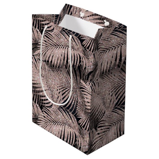 Sparkling Palm Blätter Muster Rose Gold ID831 Mittlere Geschenktüte (Rückseite Schrägansicht)