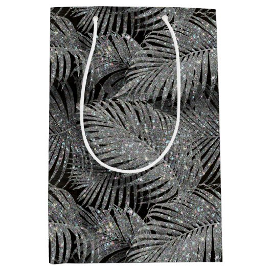 Sparkling Palm Leaves Pattern Silver ID 831 Mittlere Geschenktüte (Vorderseite)