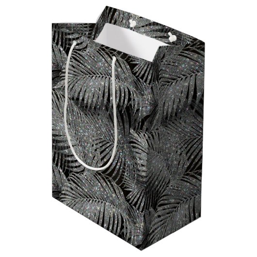 Sparkling Palm Leaves Pattern Silver ID 831 Mittlere Geschenktüte (Rückseite Schrägansicht)