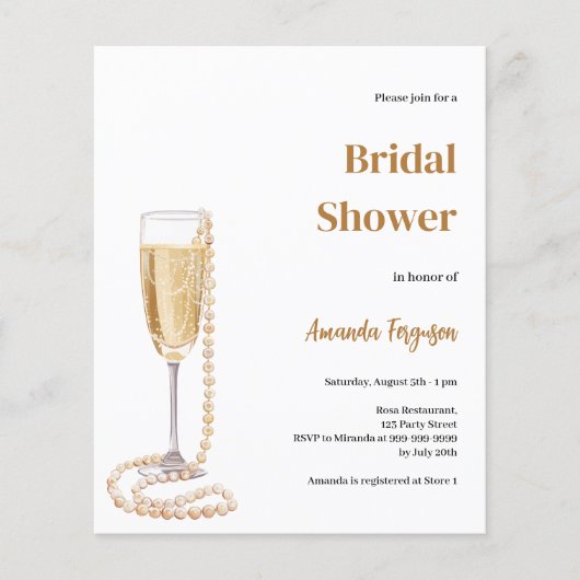 Sparkling Prosecco Perls Bridal Duwer Einladung (Vorderseite)