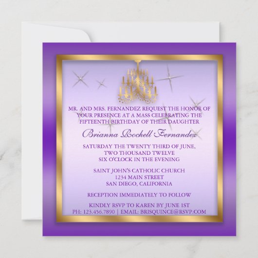 Sparkling Quinceanera Einladen Lila Lavendel Gold Einladung (Rückseite)