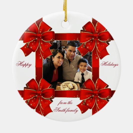 Sparkling Red Bow Happy Holidays Foto Keramik Ornament (Hinten)