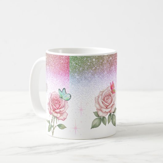Sparkling Rose and Butterfly Coffee Mug Kaffeetasse (Vorderseite Links)