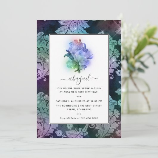 Sparkling Rose Geburtstagsparty Einladung (Stehend Vorderseite)