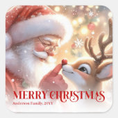 Sparkling Santa Rudolph Personalized Christmas Quadratischer Aufkleber (Vorderseite)