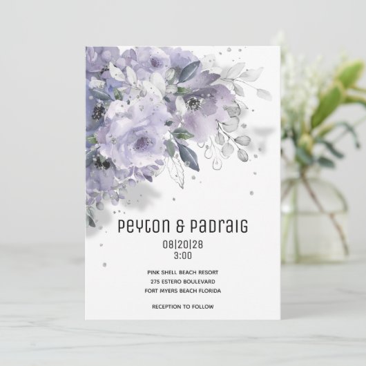 Sparkling Silver Mauve Wedding Einladung (Stehend Vorderseite)