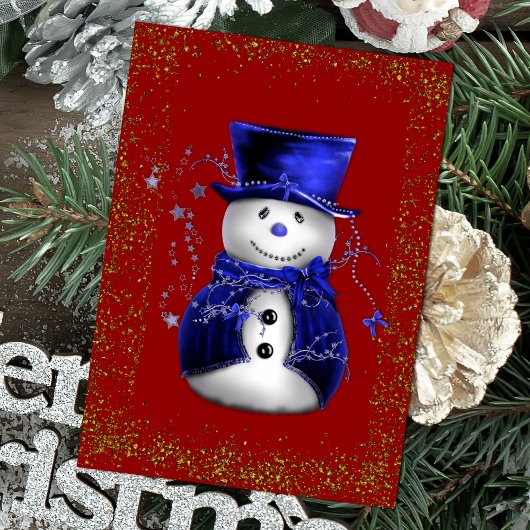 Sparkling Snowman in Blue Velvet Christmas Karte