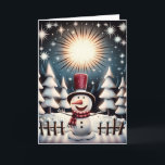 Sparkling Snowman Joy Feiertagskarte<br><div class="desc">Unser fröhlicher Schneemann steht mit offenen Armen in einem schneebedeckten Wald unter einem funkelnden Sternenhimmel. Er begrüßt den Zauber der Saison. Dressing in seinem festlichen roten Top Hut und gestreift, warm gemütlichen Schal. Er strahlt hell, umgeben von mattierten Bäumen und kleinen Hütten. Diese herzzerwärmende Szene ist voll von Winterwunder. Das...</div>