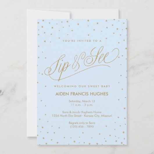 Sparkling Stars Blue Boy Baby Sip and See Einladung (Vorderseite)
