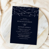 Sparkling String Lights Elegant Navy Blue Wedding Einladung