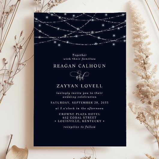 Sparkling String Lights Elegant Navy Blue Wedding Einladung