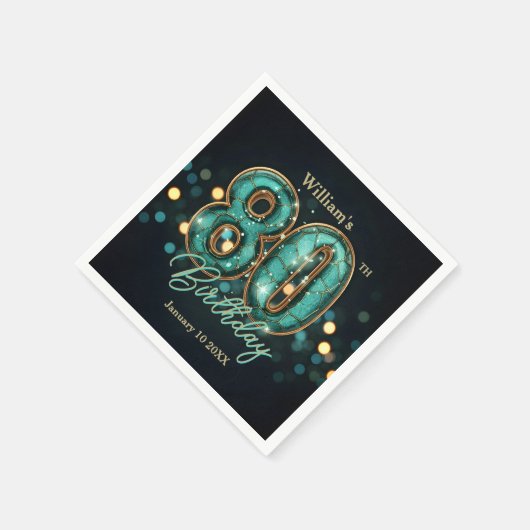 Sparkling Teal and Gold 80th Birthday Serviette (Ecke)
