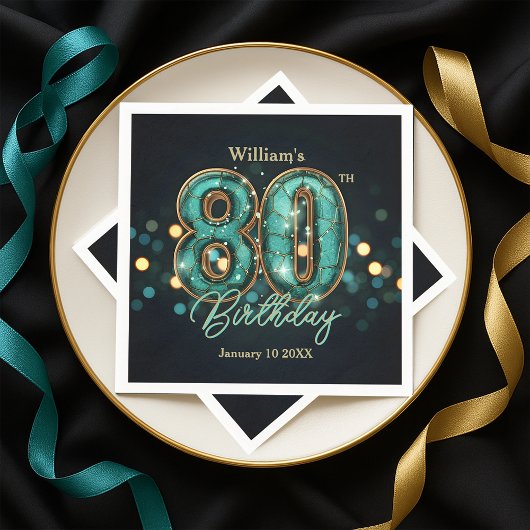 Sparkling Teal and Gold 80th Birthday Serviette