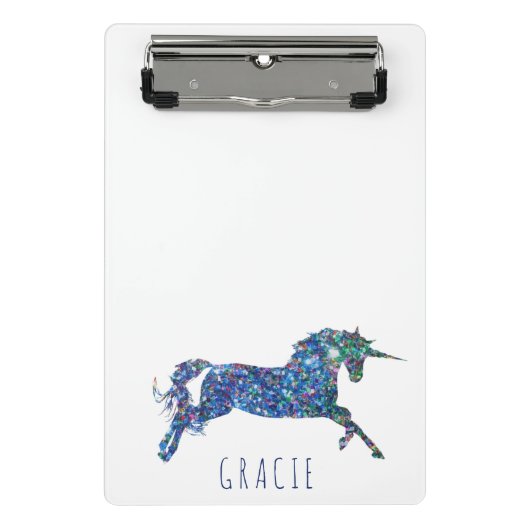 Sparkling Unicorn Girls Personalisierte Schule Mini Klemmbrett (Vorderseite)