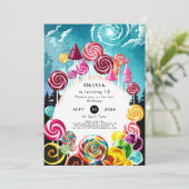 Sparkling Whimsical Candyland Birthday Einladung (Stehend Vorderseite)