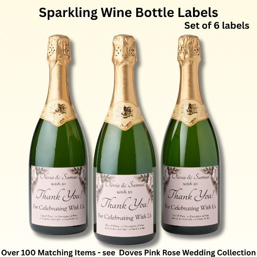 Sparkling Wine Bottle Labels, Pink Roses & Doves  Schaumweinetikett