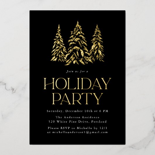 Sparkling Winter Pine Black Holiday Party Folieneinladung (Vorderseite)