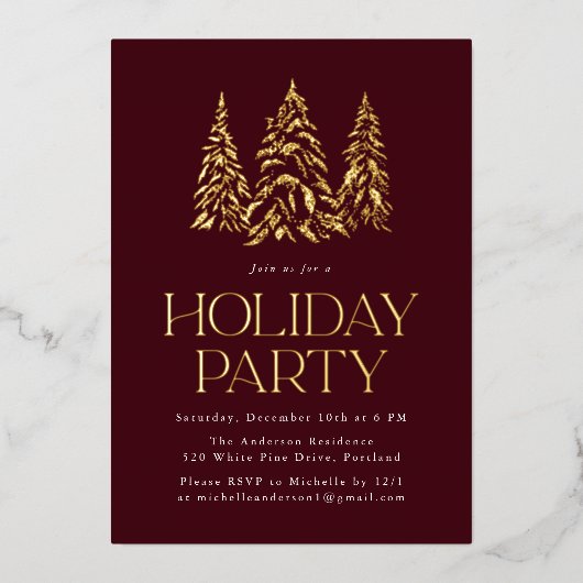 Sparkling Winter Pine Burgund Feierabend Folieneinladung (Vorderseite)