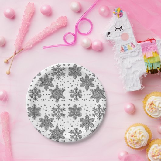 Sparklingelnde Silberflossen-Schneeflocken-Urlaubs Pappteller (Party)