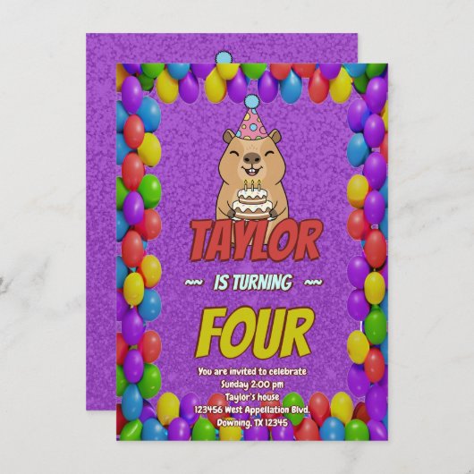 Sparkly Capybara Birthday Invite Einladung (Vorne/Hinten)