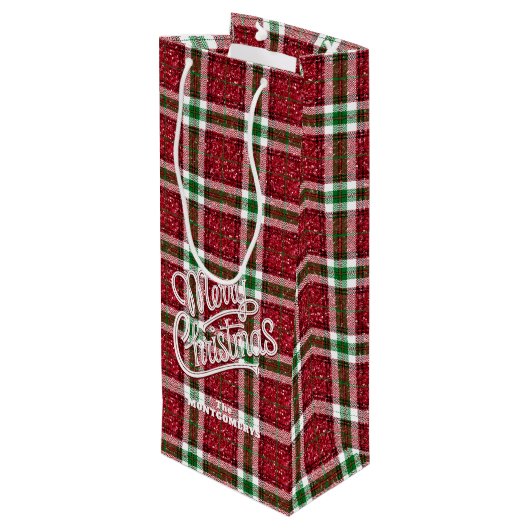 Sparkly Christmas Plaid Geschenktüte Für Weinflaschen (Rückseite Schrägansicht)