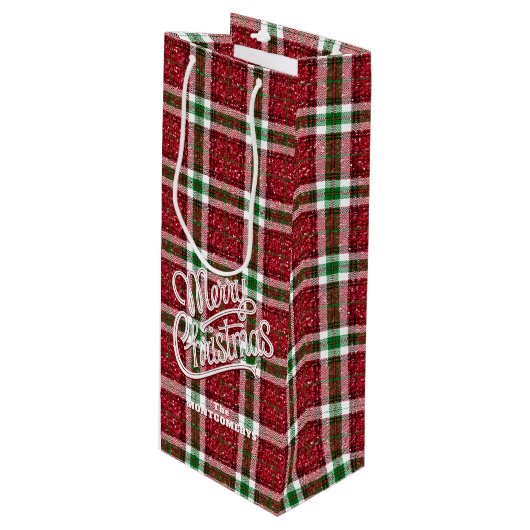 Sparkly Christmas Plaid Geschenktüte Für Weinflaschen (Vorderseite Schrägansicht)